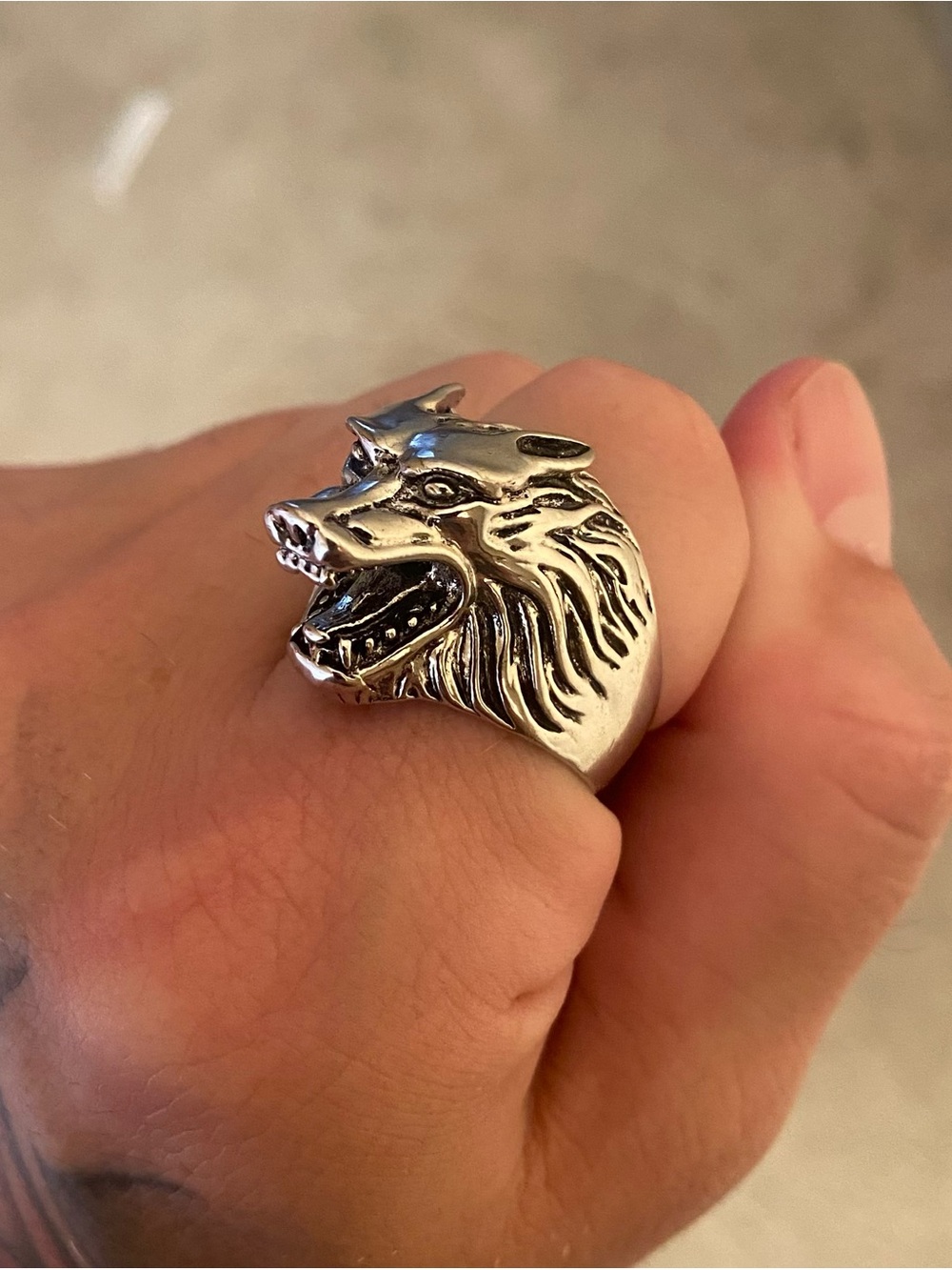 Silver Wolf Head Statement Ring - Tibetan Silver Size 7.5